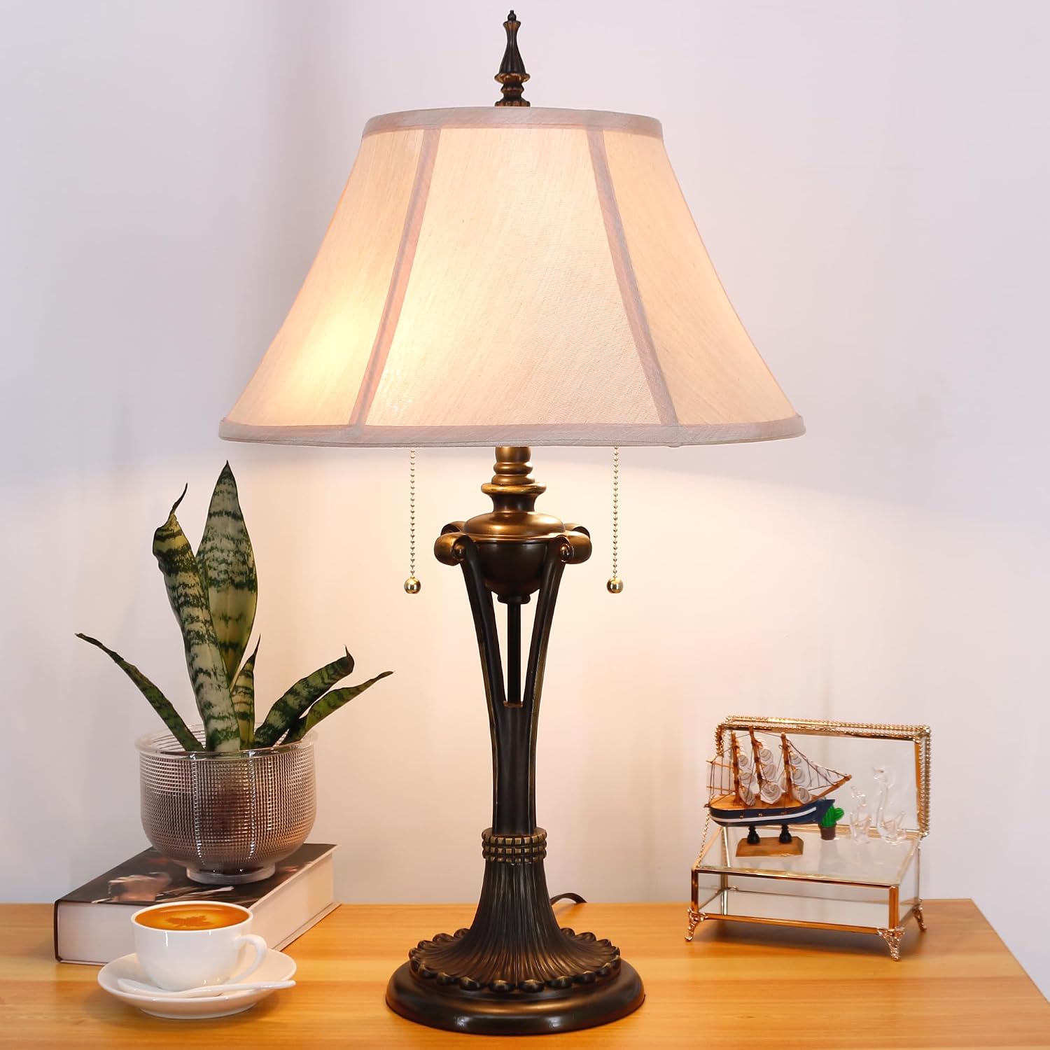 Farmhouse Table Lamp Antique Resin Base Traditional Rustic Mid-Century Large Desk Lamp 27 Inch Tall for Living Room Office Bedroom