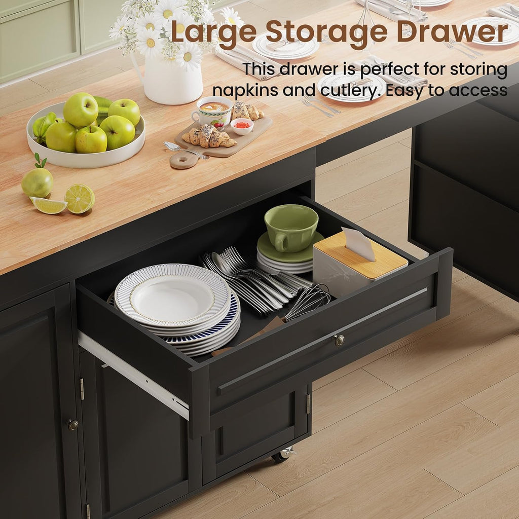 83' Expandable Kitchen Island on Wheels with Storage & Dining Table, Mobile Kitchen Cart with Cabinet, 3 Shelves & Drawers, Black (Extends from 48.4' to 82.6') (Black)