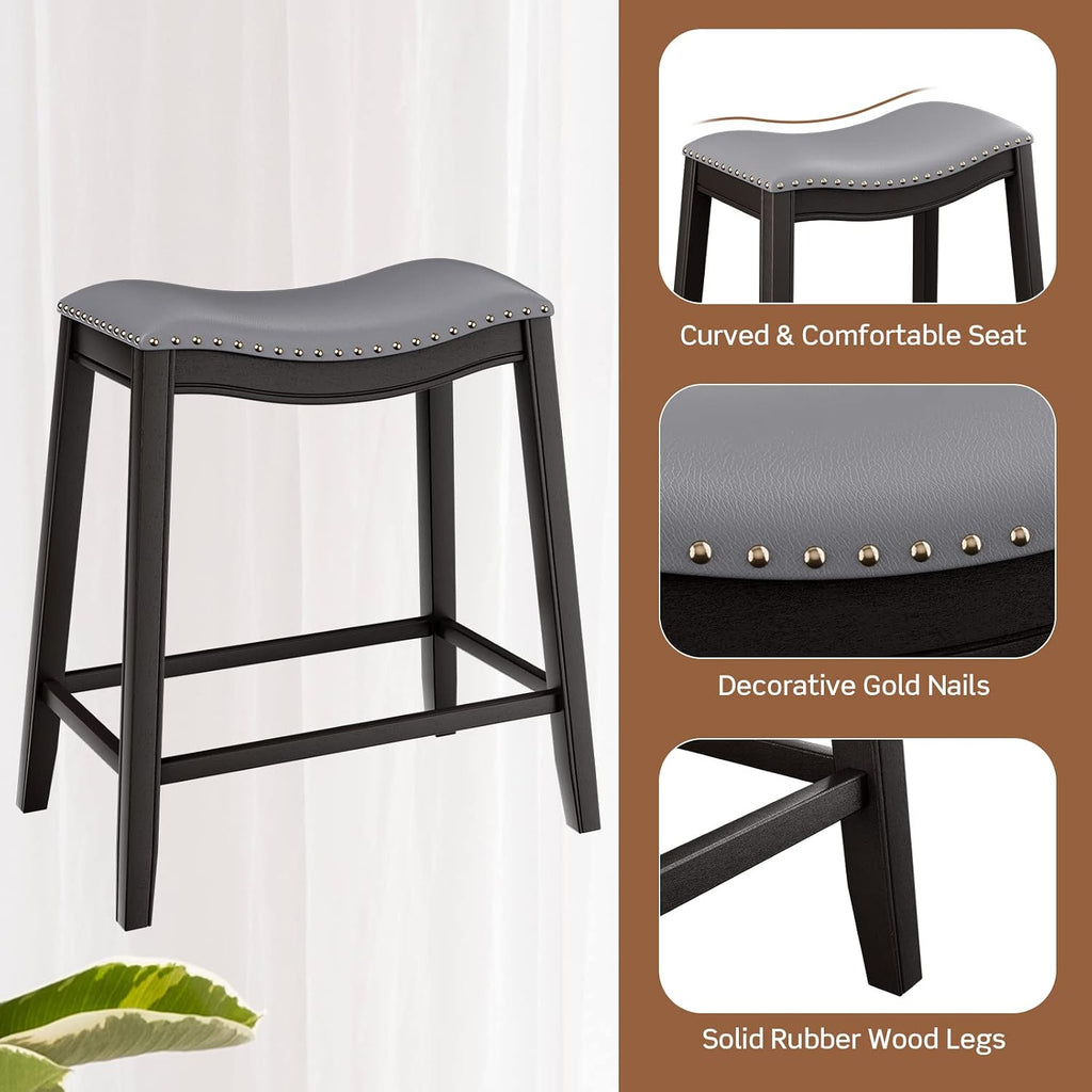 COSTWAY 5-Piece Dining Table Set for 4, Counter Height Breakfast Table and Upholstered 4 Saddle Stools, Space-Saving Design, Rubber Wood Pub Dinette Set for Bistro Dining Room Small Space, Black+Grey