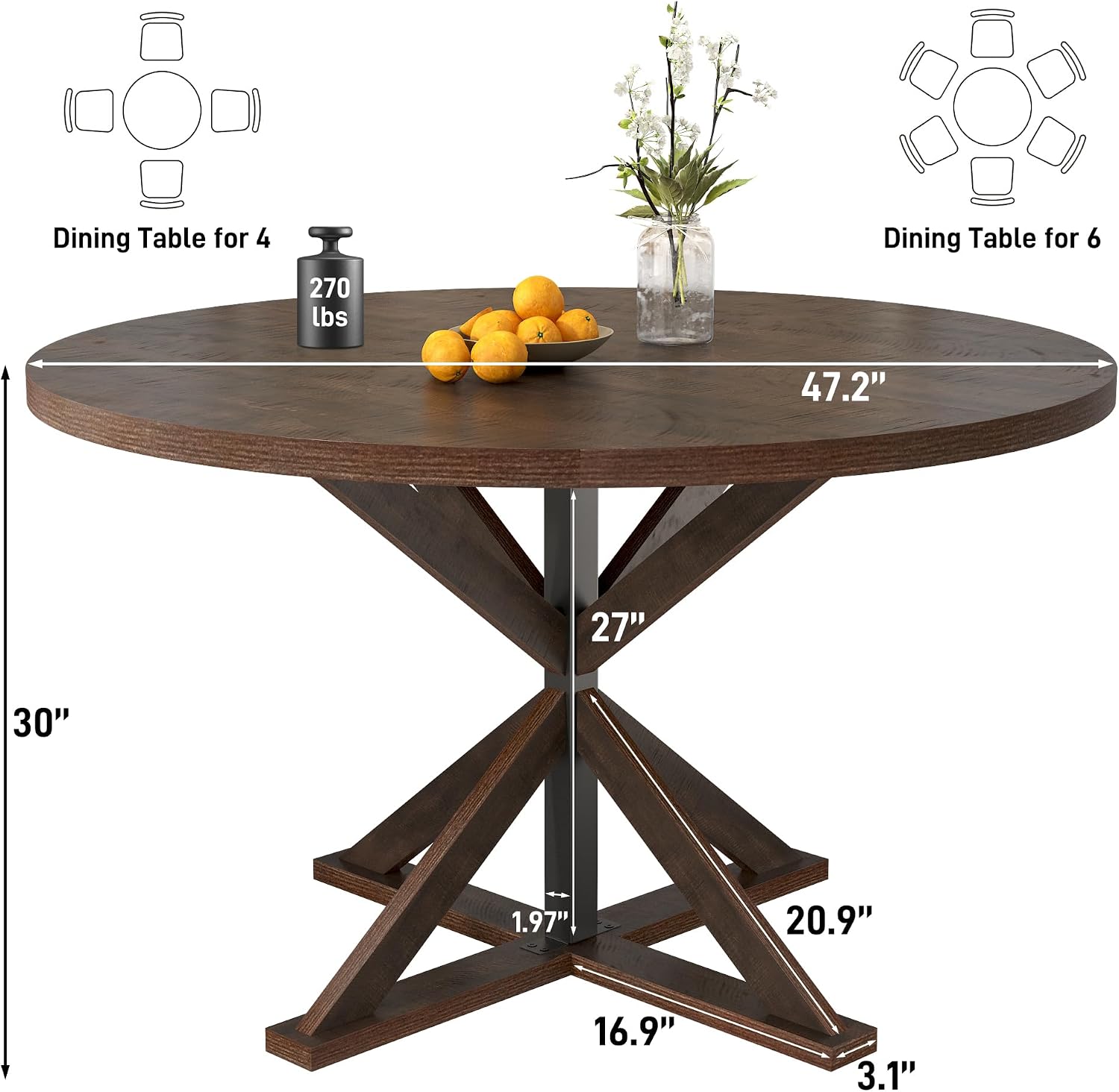 jiteentarou Round Wood Dining Table for Kitchen,Dining Room,Living Room,Farmhouse Dinner Tables W/Thickened Brown Wooden Waterproof Tabletop for 4 People,47 inch Rustic Kitchen Table W/Metal Support