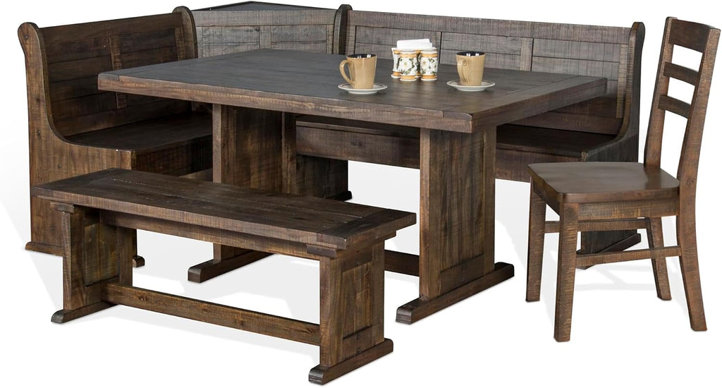 Pemberly Row Farmhouse Wood Kitchen Corner Breakfast Dining Nook Set with Table, Reversible Bench, Chair and Hidden Storage in Tobacco Leaf