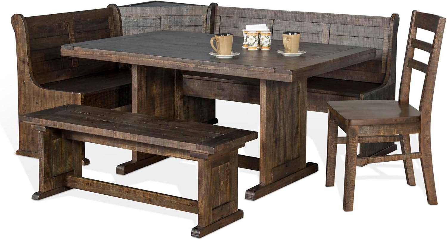 Pemberly Row Farmhouse Wood Kitchen Corner Breakfast Dining Nook Set with Table, Reversible Bench, Chair and Hidden Storage in Tobacco Leaf
