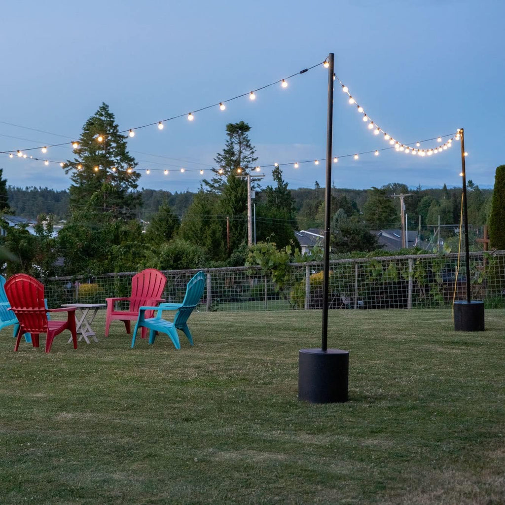 Outdoor String Light Pole Stand with 25 ft G40 Bistro String Lights - 9.5 Feet, Black, Heavy-Duty with Freestanding Tank Base for Grass, Patio, Deck, Events