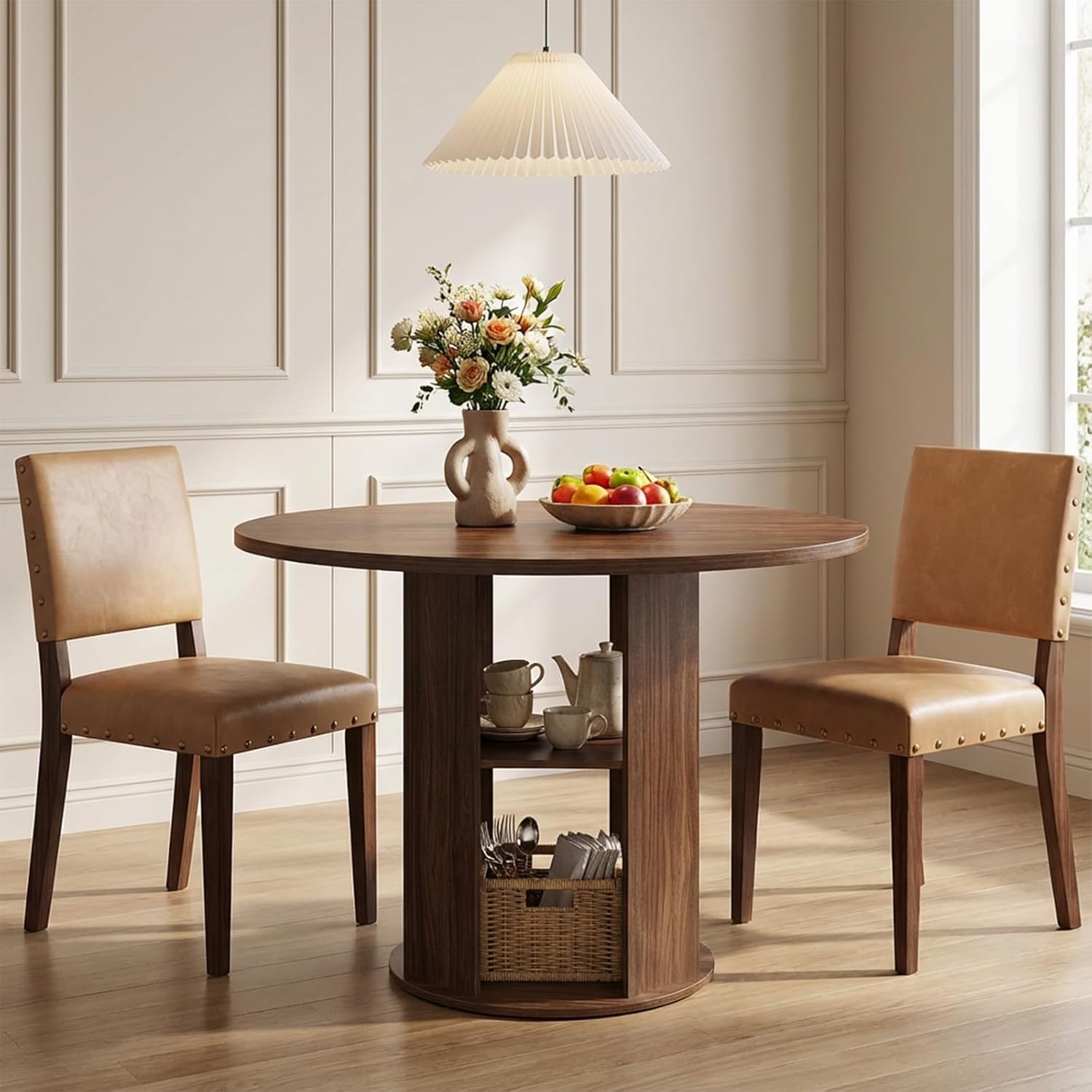 MAHANCRIS 43.3' Round Dining Table with Storage Shelf for 4, Circle Kitchen Dinner Table with Thick Tabletop, Circle Nook Table for Kitchen & Dining Room, Walnut DTWA11001