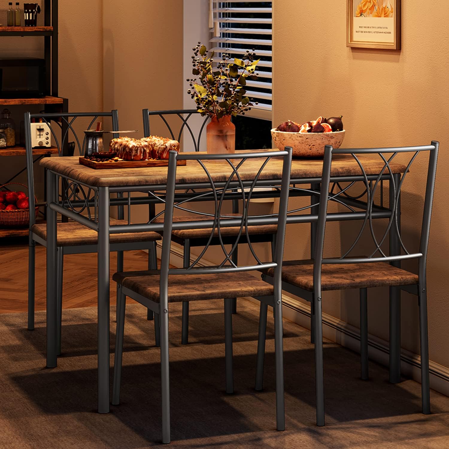 Garvee 5-Piece Wood Dining Table Set for 4, Rectangular Kitchen Table Set with 4 Chairs, Space-Saving Dining Table Set for Apartment, Studio, Kitchen, Small Space, Brown