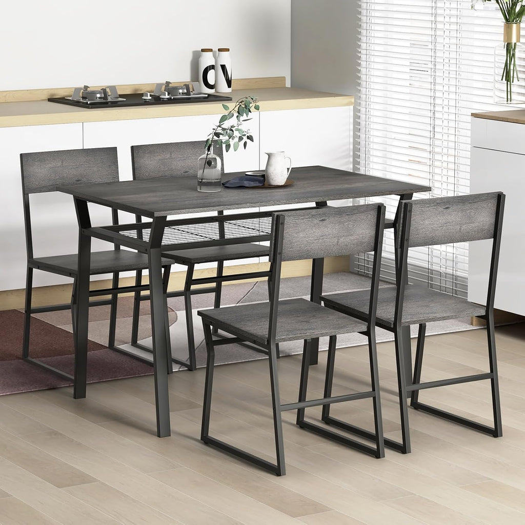 Giantex Dining Table Set for 4, 47'L x 28'W Rectangular Kitchen Table w/ 4 Trapezoid Chairs, Reinforced Metal Frame & Storage Rack, Industrial Space-Saving Dinette Set for Kitchen Dining Room (Grey)