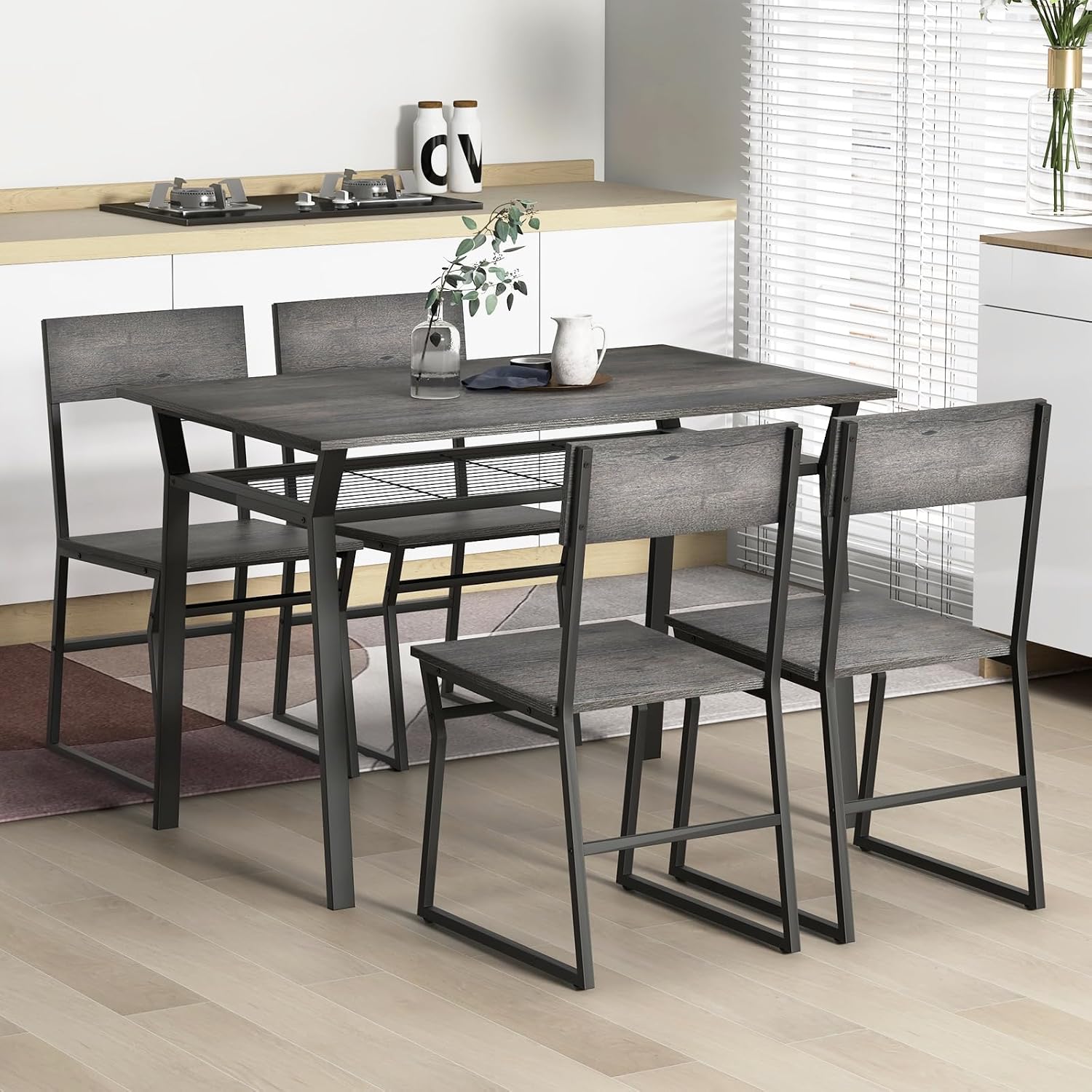 Giantex Dining Table Set for 4, 47'L x 28'W Rectangular Kitchen Table w/ 4 Trapezoid Chairs, Reinforced Metal Frame & Storage Rack, Industrial Space-Saving Dinette Set for Kitchen Dining Room (Grey)