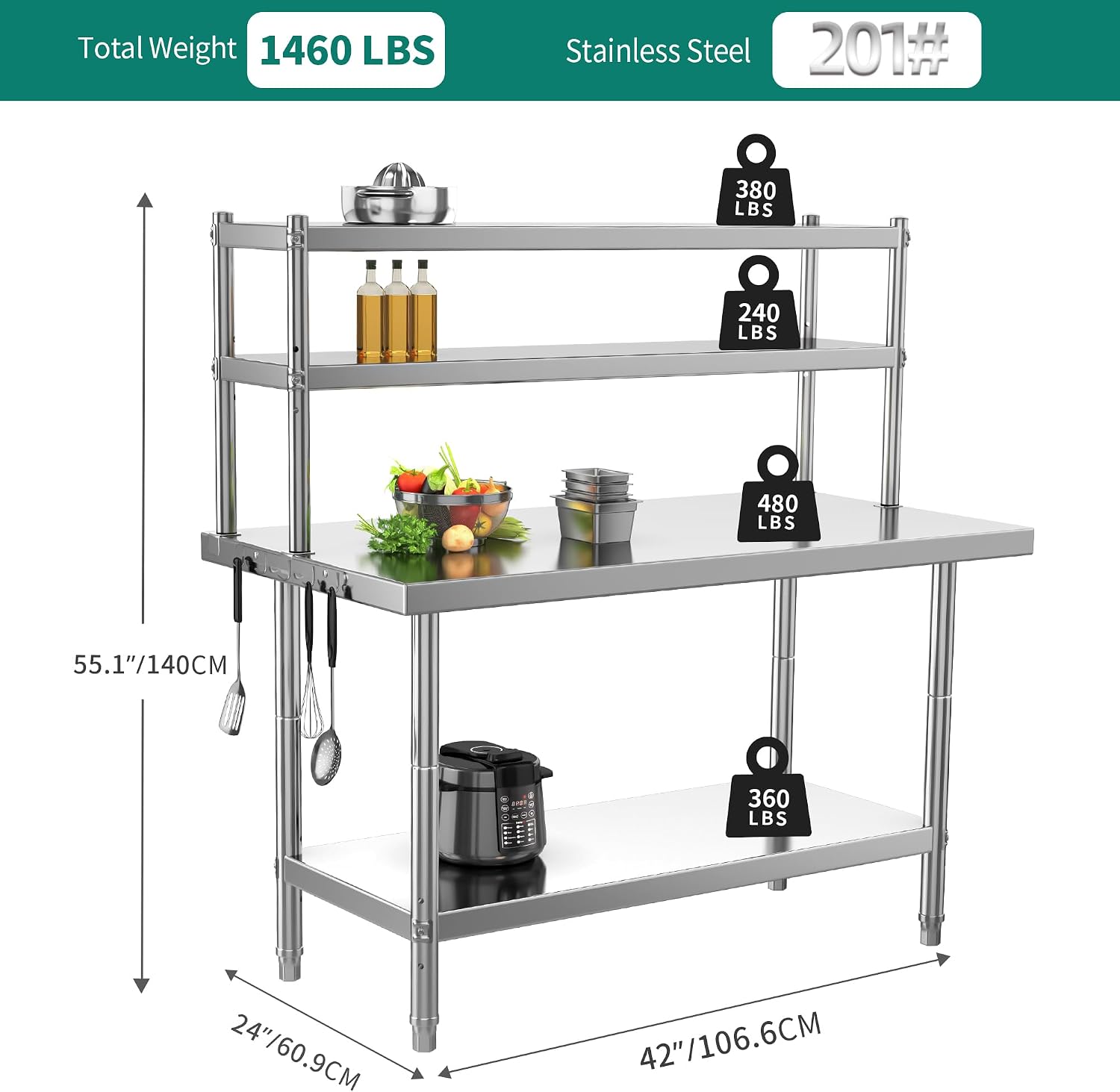 YITAHOME NSF Stainless Steel Table with Overshelves, 42' X 24' Work Table with 42' X 12' Shelf, Metal Table Prep Table for Home Kitchen Restaurant Garage Warehouse
