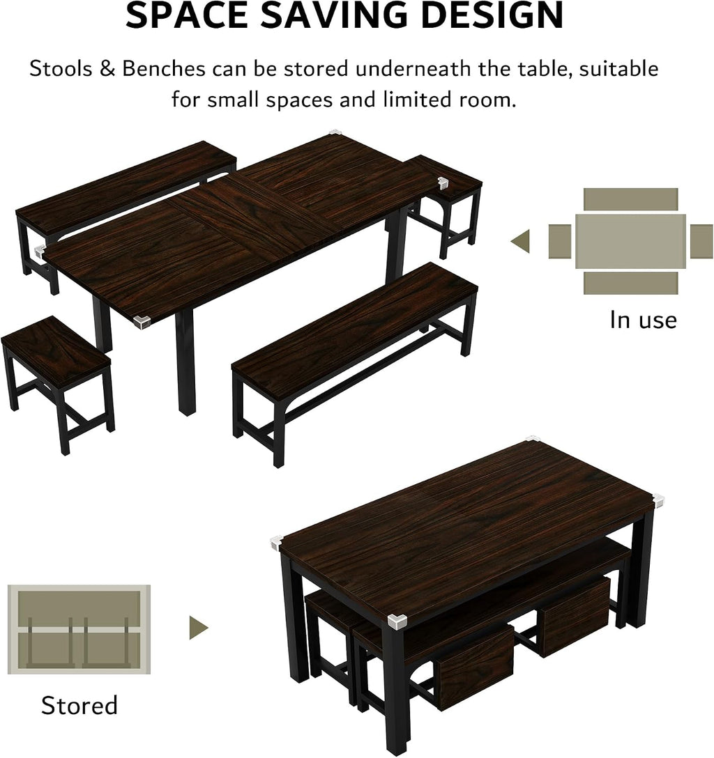 iPormis 5-Piece Dining Table Set for 4-8 People, Extendable Kitchen Table Set with 2 Benches and 2 Square Stools, Mid-Century Dining Room Table with Metal Frame & MDF Board, Saving Space, Espresso