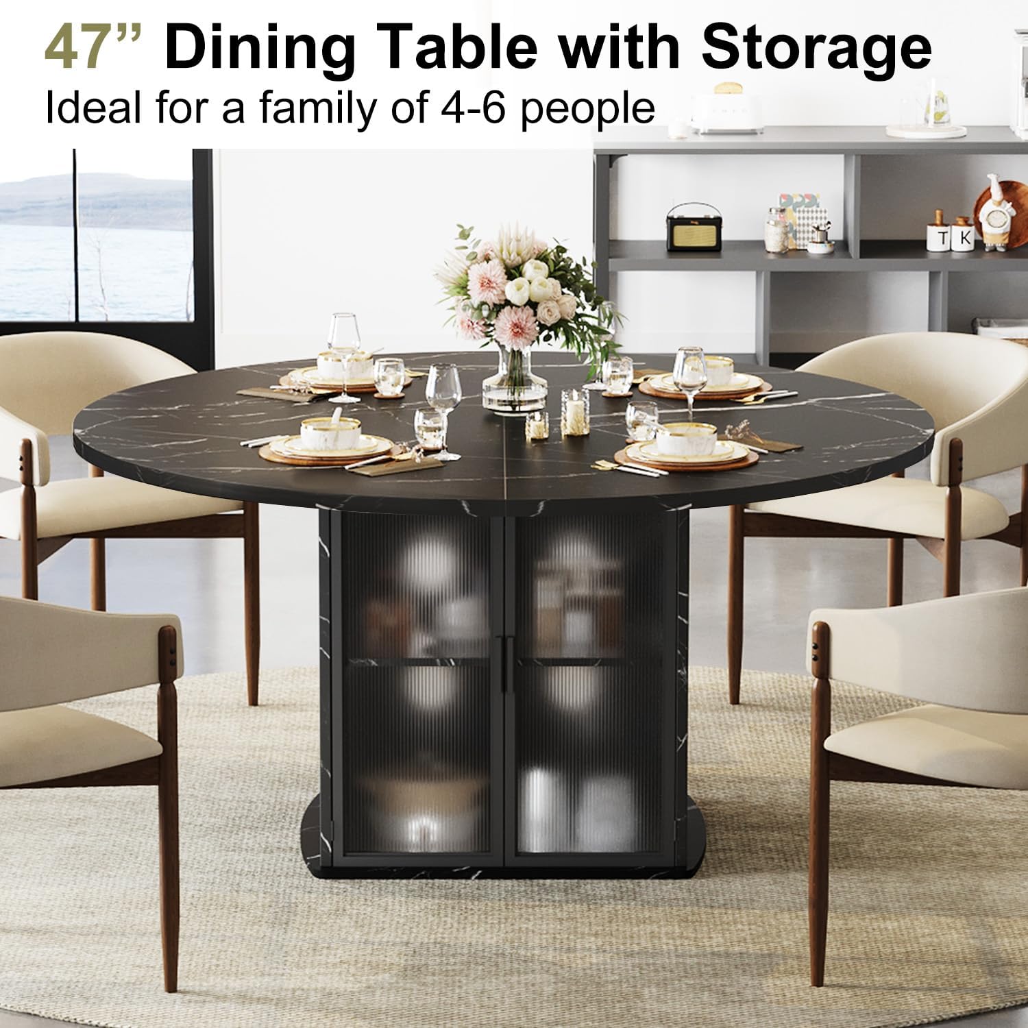 IBF Round Dining Table with Storage, Black Faux Marble Kitchen Tables for 4-6 People, 47' Modern Dining Room Tables with Fridge Space, Wood Circle Dinner Table for Home, Black Marble, Only Table