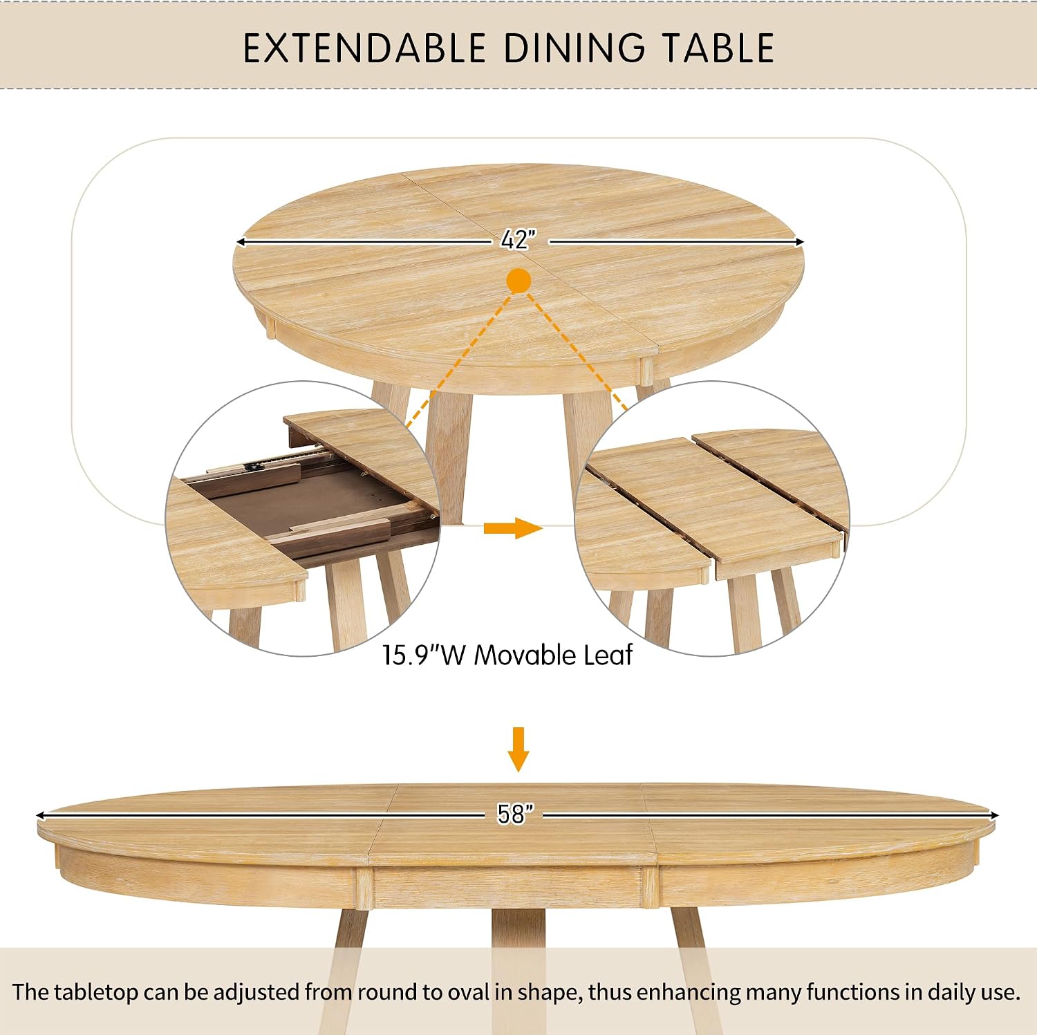 Bellemave 5-Piece Dining Table Set, Extendable Round Dining Table with 16' Removable Leaf, 4 Upholstered Button Tufted Chairs, Acacia Veneer Tabletop (Natural)