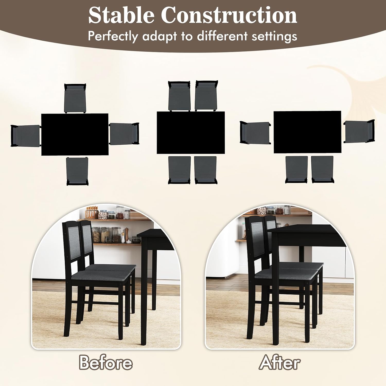 Tangkula Dining Table Set for 4, Farmhouse Solid Wood Dinette Set w/Rubber Wood Legs, Upholstered Seat & Padded Backrest, Mid-Century Modern Dining Table and Chairs Set for Kitchen, Dining Room