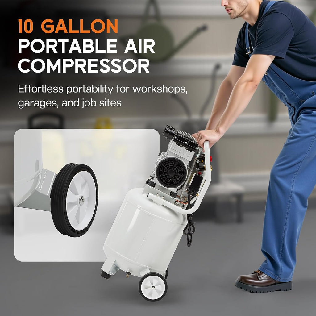 Albott 10 Gallon Electric Air Compressor, 1.8 HP Vertical Wheeled Tank | Oil-Free Air Compressor with Copper Motor 115 PSI Max Pneumatic Tool Tire Inflation Use