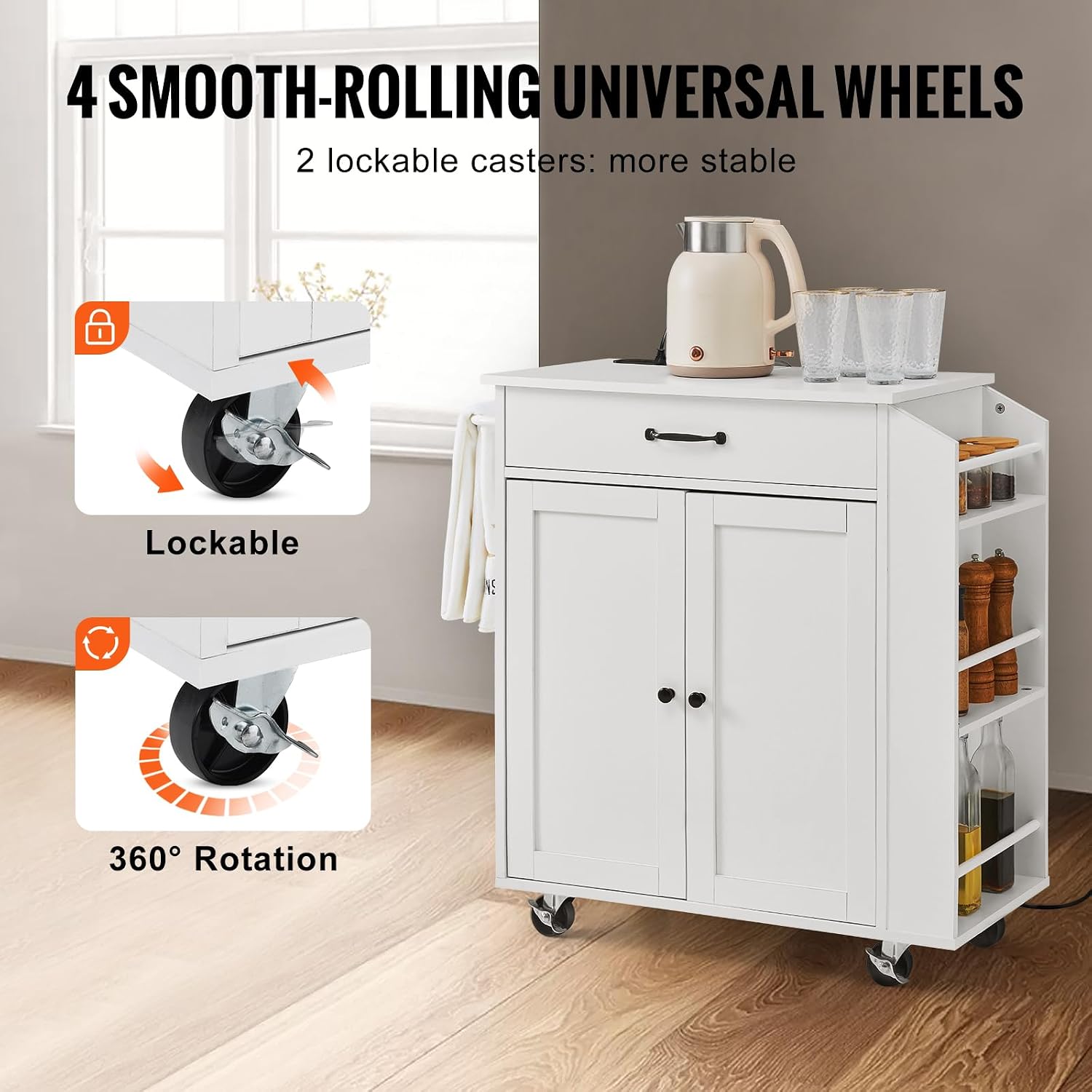VEVOR Kitchen Island Cart, 32' Mobile Carts with Storage Cabinet, Rolling Table with Power Outlet, Spice Rack, Towel Bar, Adjustable Shelf, Drawer, Dining Living Room Portable Islands on Wheels, White
