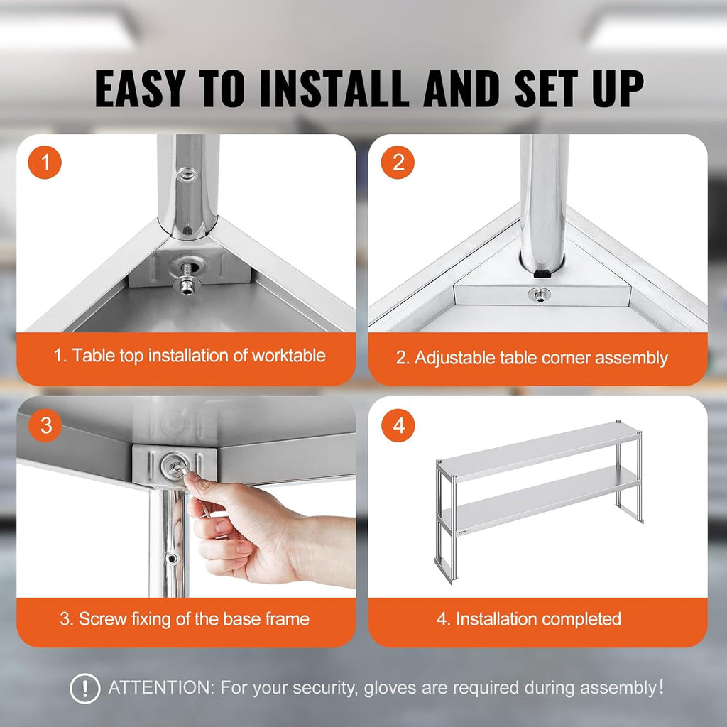 VEVOR Stainless Steel Overshelf, 12 x 60 Inch Double Deck Height Adjustable Prep Work Table for Kitchen, Restaurant and Workshop