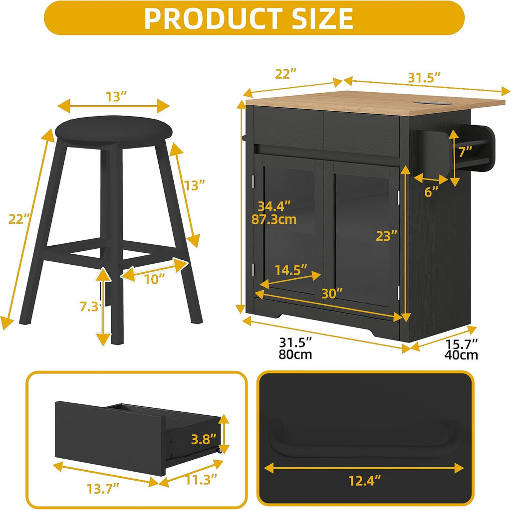 DWVO Kitchen Island with Drop Leaf, Mobile Kitchen Storage Islands with Power Outlet & LED Lights, 37.5' Rolling Dinning Table with Seating, 2 Soft Cushion Bar Stools, Towel & Spice Rack, Qak Black