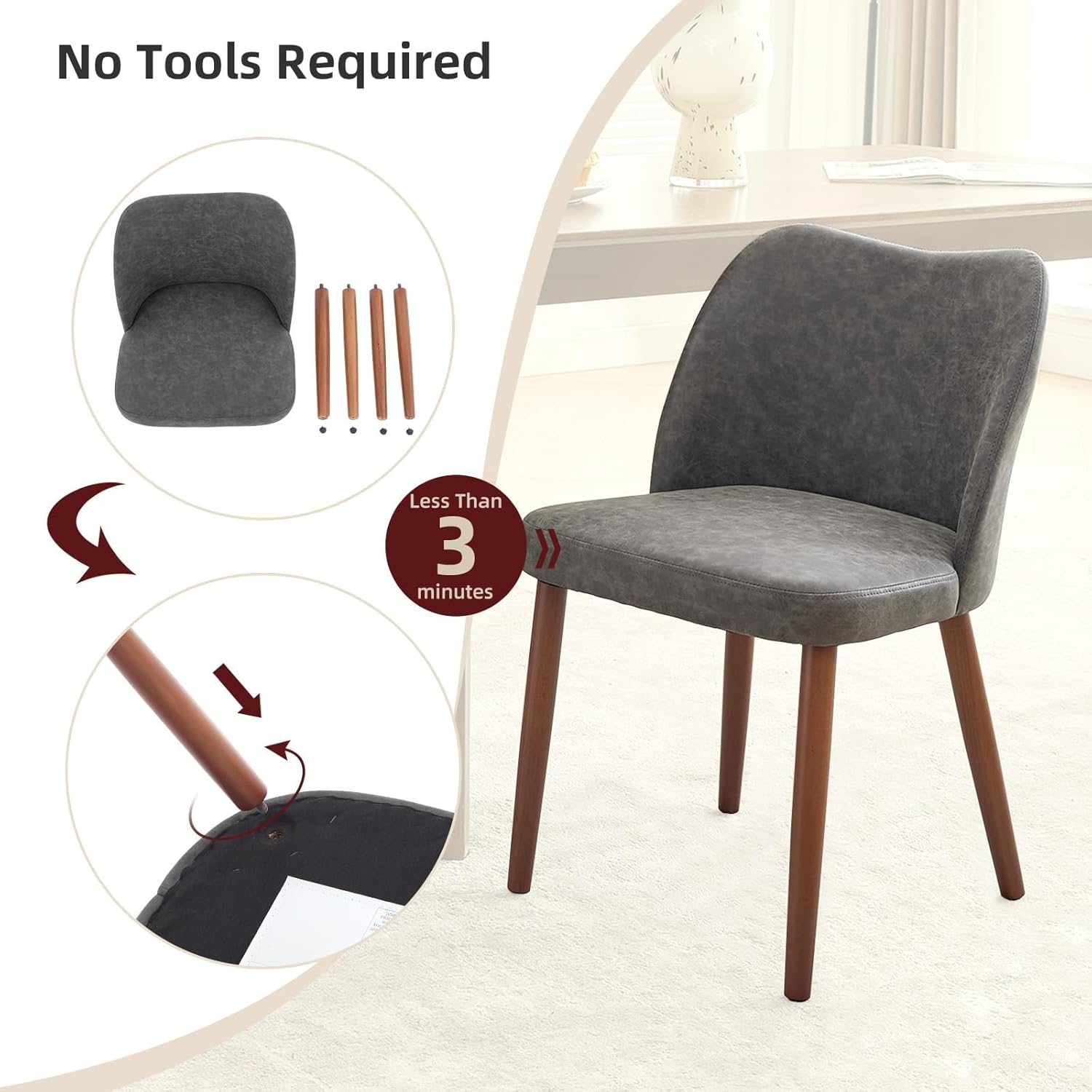 GarveeHome Wooden Dining Chair Set of 4 Upholstered Leather Dining Chair with Wood Legs, Wing Backrest, Wooden Kitchen Chairs with Thick Cushions, Leveling Feet for Dining Room, Living Room, Dark Grey