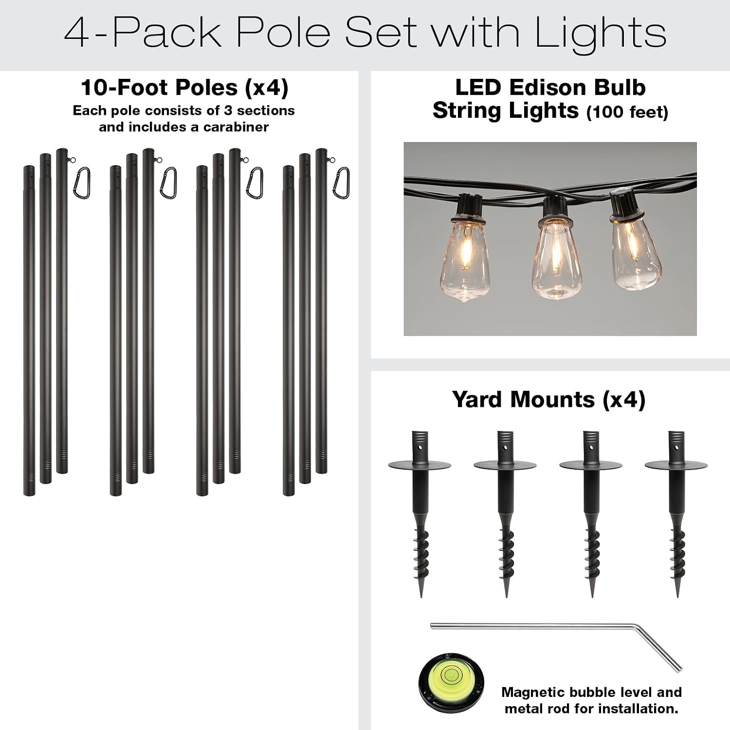 EXCELLO GLOBAL PRODUCTS Premium String Light Pole 4 Pack with 100' of LED Edison Bulb String Lights (Yard Mount)