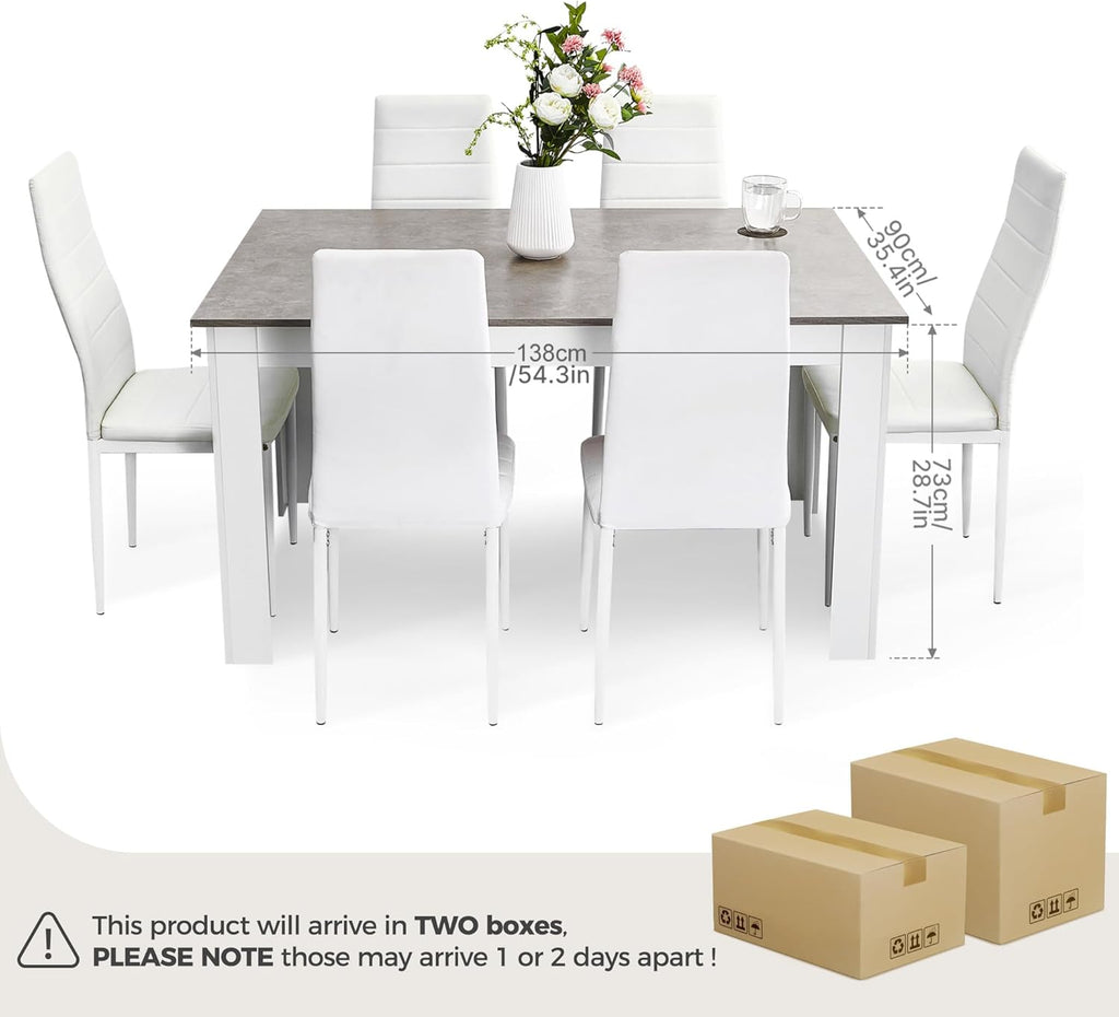 Mondeer Dining Table and Chairs Set 6, 7 Pieces Kitchen Table Set with High Back Faux Leather Chair for Dining Room Kitchen Rectangular Modern (Grey Table White Chairs)