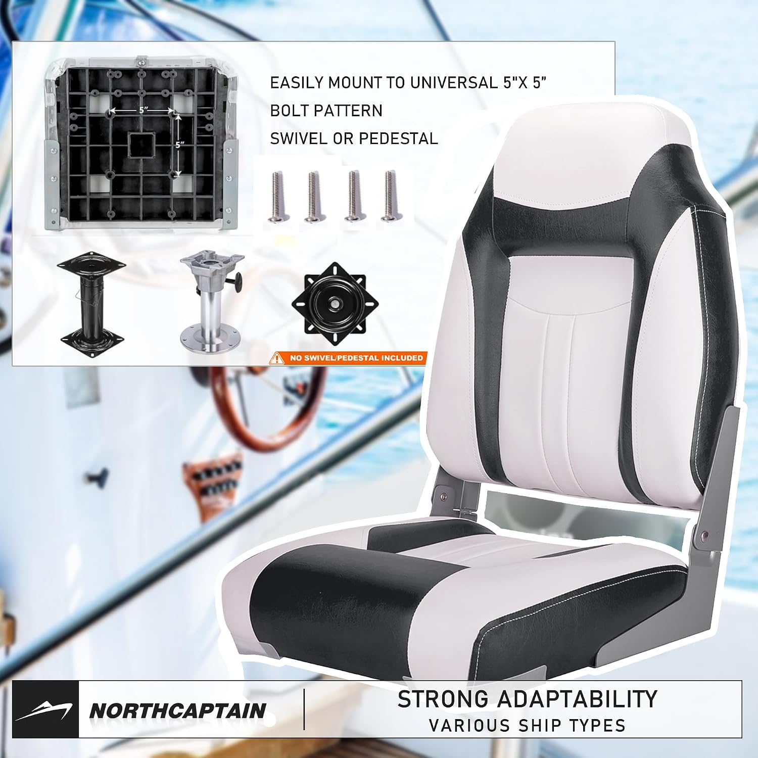 NORTHCAPTAIN S1 Deluxe A Pair of Marine High Back/Low Back Folding Fishing Boat Seat for Fishing, Bass/Jon/Pontoon Boat Chairs, 4 Mounting Screws Included