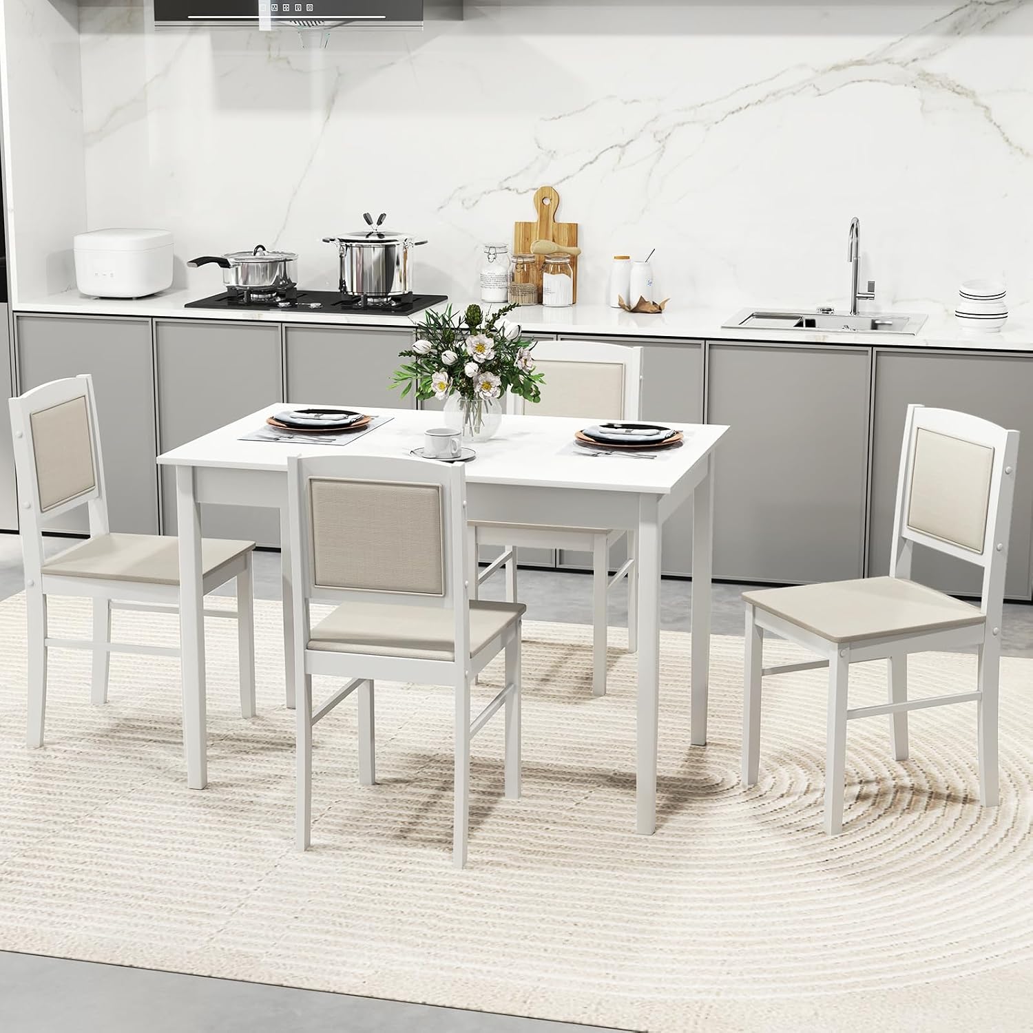 Tangkula Dining Table Set for 4, Farmhouse Solid Wood Dinette Set w/Rubber Wood Legs, Upholstered Seat & Padded Backrest, Mid-Century Modern Dining Table and Chairs Set for Kitchen, Dining Room