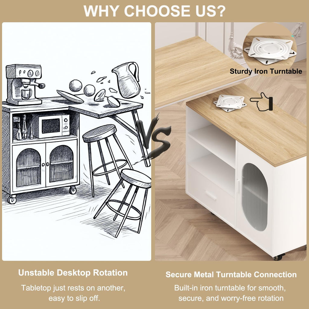 HSH 72.4' Rolling Kitchen Island with Swivel Table, Storage Cabinet, Drawers & Shelves, White Modern Mobile Island Cart on Wheels, Farmhouse Wood Island Table for Kitchen, Dining Room, Home Bar