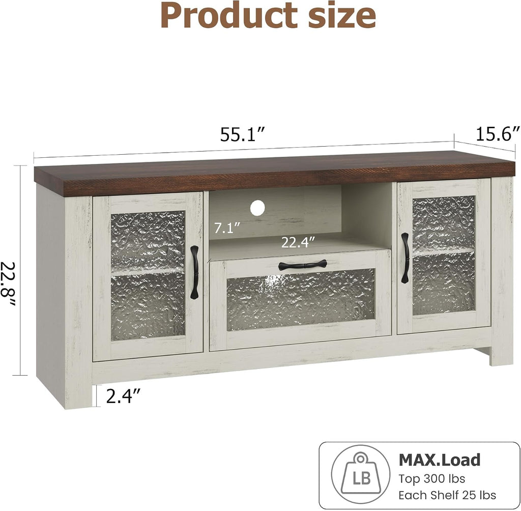 IDEALHOUSE TV Stand for 65 Inch TV, Farmhouse Entertainment Center with Acrylic Door Storage Cabinet & Adjustable Shelves, TV Console Table for Living Room Bedroom, White & Brown