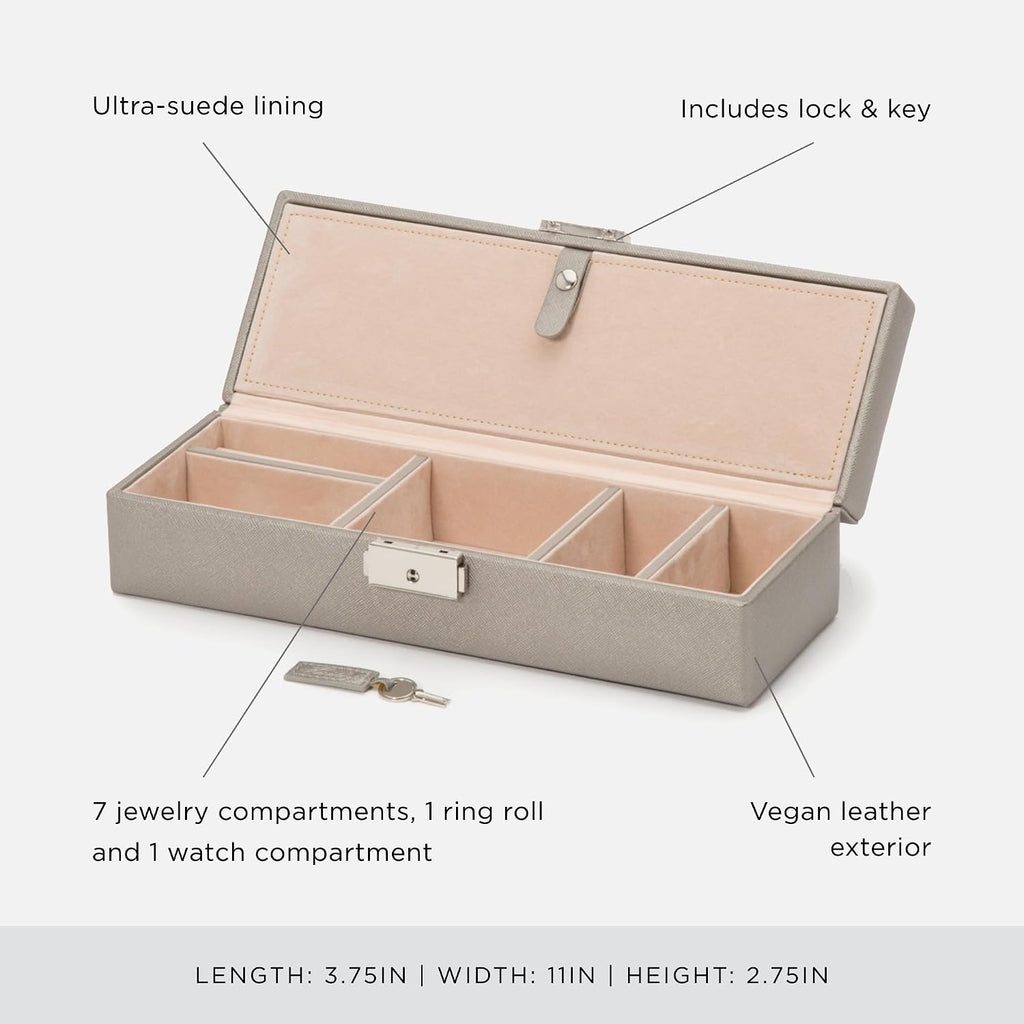 WOLF Heritage Safe Deposit, Pewter Saffiano - Seven Jewelry Compartments, One Ring Roll & One Watch Compartment - Includes Lock & Key
