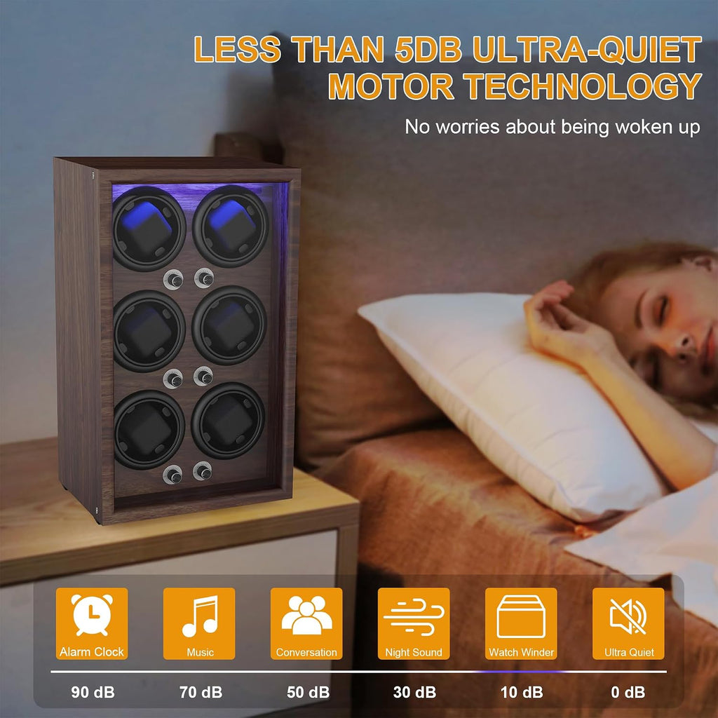 Watch Winder for Automatic Watches,Wooden Watch Rotating Case with LED Light,4 Rotation Modes,Elastic Watch Pillows Quiet Mabuchi Motor