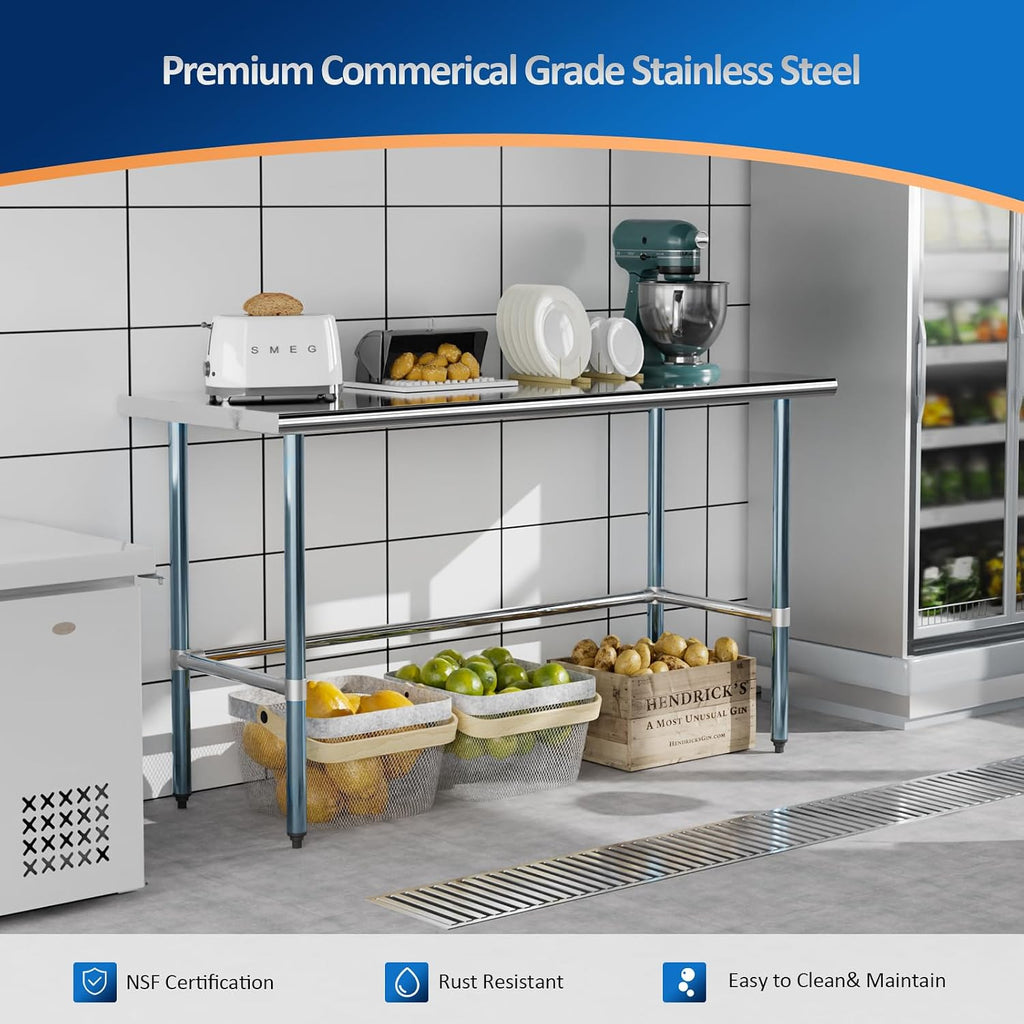 ROVSUN 60' x 24' Stainless Steel Open Base Table, NSF Commercial Metal Table, Heavy Duty Prep & Work Table with Galvanized Legs for Home Kitchen, Restaurant,Hotel, Garage, Laundry, Utility