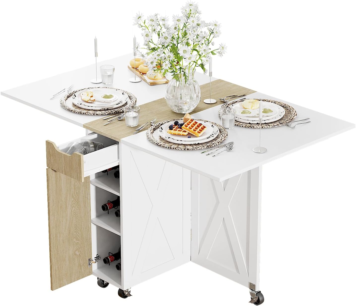3imothrix Folding Dining Table, Small Dining Table, Space Saving Dining Table with 6 Wheels, Kitchen Table Sewing Table for Small Spaces (White)