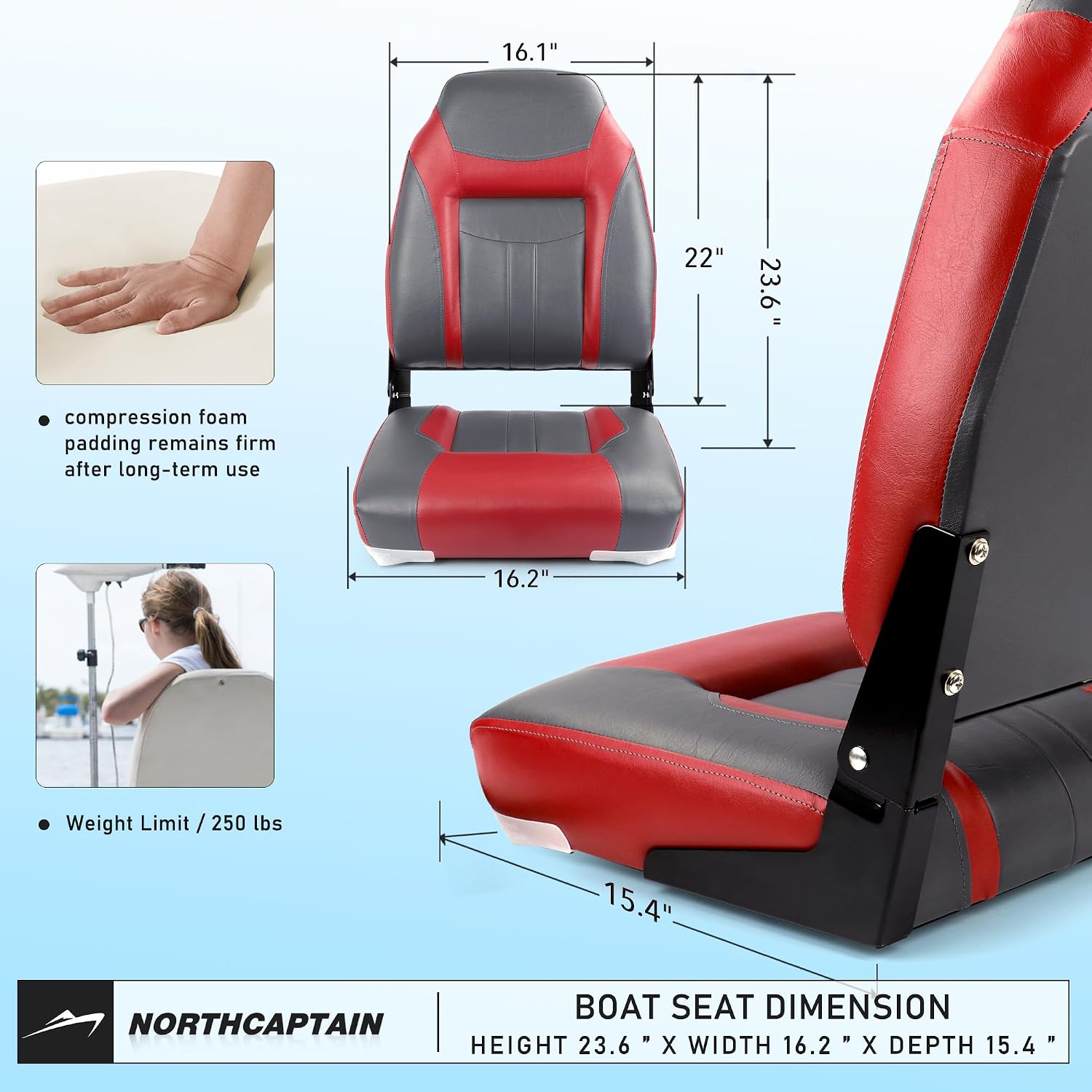 NORTHCAPTAIN S1 Deluxe A Pair of Marine High Back/Low Back Folding Fishing Boat Seat for Fishing, Bass/Jon/Pontoon Boat Chairs, 4 Mounting Screws Included