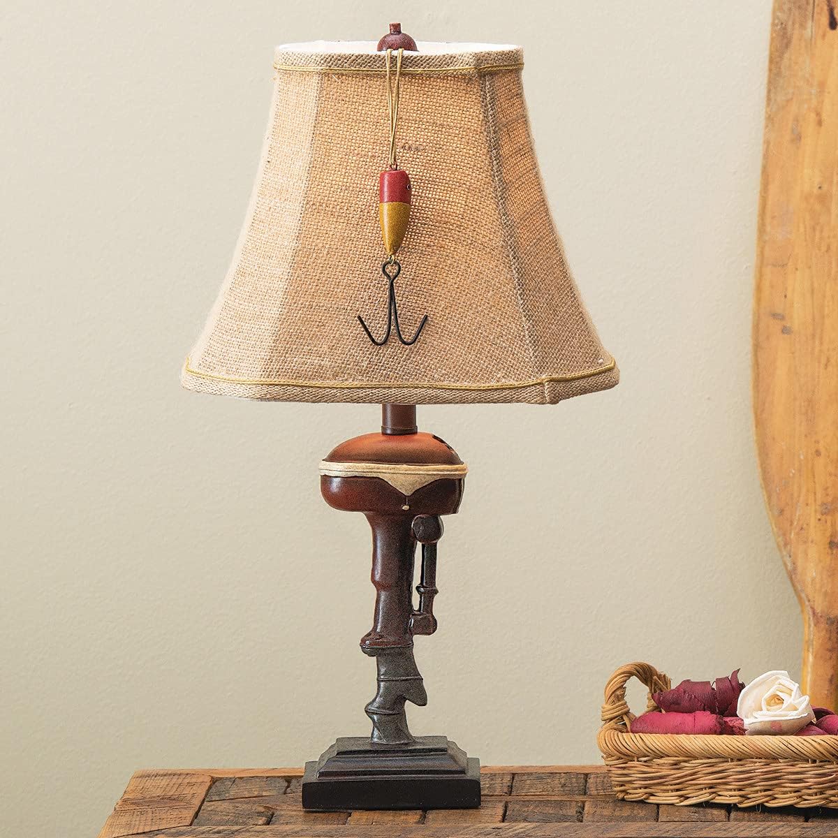 BLACK FOREST DECOR Outboard Accent Table Lamp – Rustic Boat Motor Fishing Lamp with Linen Shade – 11' W x 8.2' D x 20' H