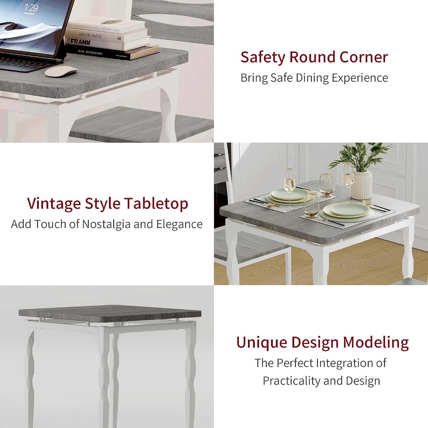 GarveeHome Dining Table Set for 2, Dining Table and Chairs Set of 2, 3 Piece Dining Table Set with Spiral Table Legs for Small Spaces Kitchen Apartment, Wash Grey