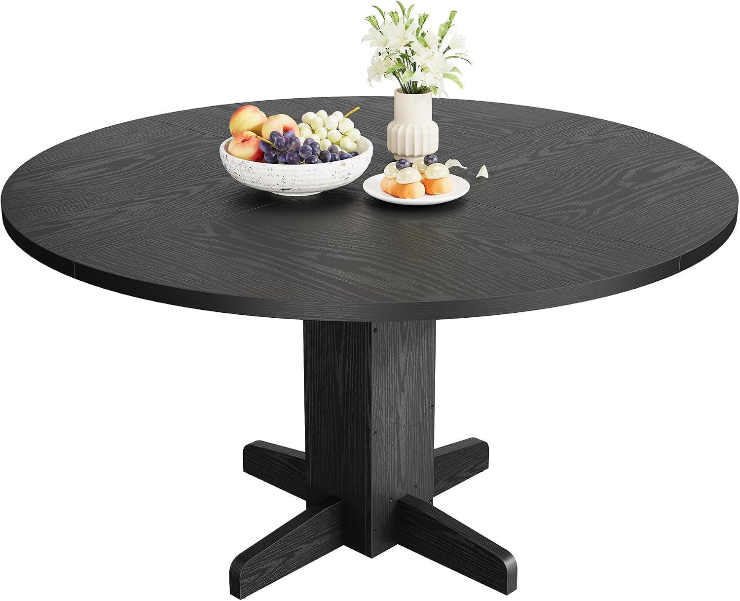 IDEALHOUSE Round Dining Table for 4-6 People, 47' Wood Kitchen Table with Sturdy Pedestal Base, Farmhouse Circle Dinner Tables for Dining Room, Living Room, Apartment, Black