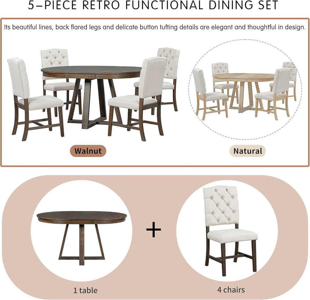 LUMISOL Round Dining Table Set for 4, Farmhouse Extendable Kitchen Table Set with 4 Upholstered Chairs, Solid Wood Table and Chairs Set for Kitchen, Dining Room, Living Room, Beige+Walnut