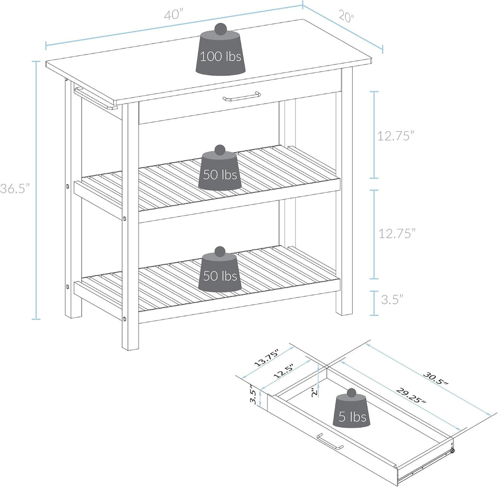 Casual Home Kitchen Island with Solid American Hardwood Top, Slate Gray, 40' W (373-932)