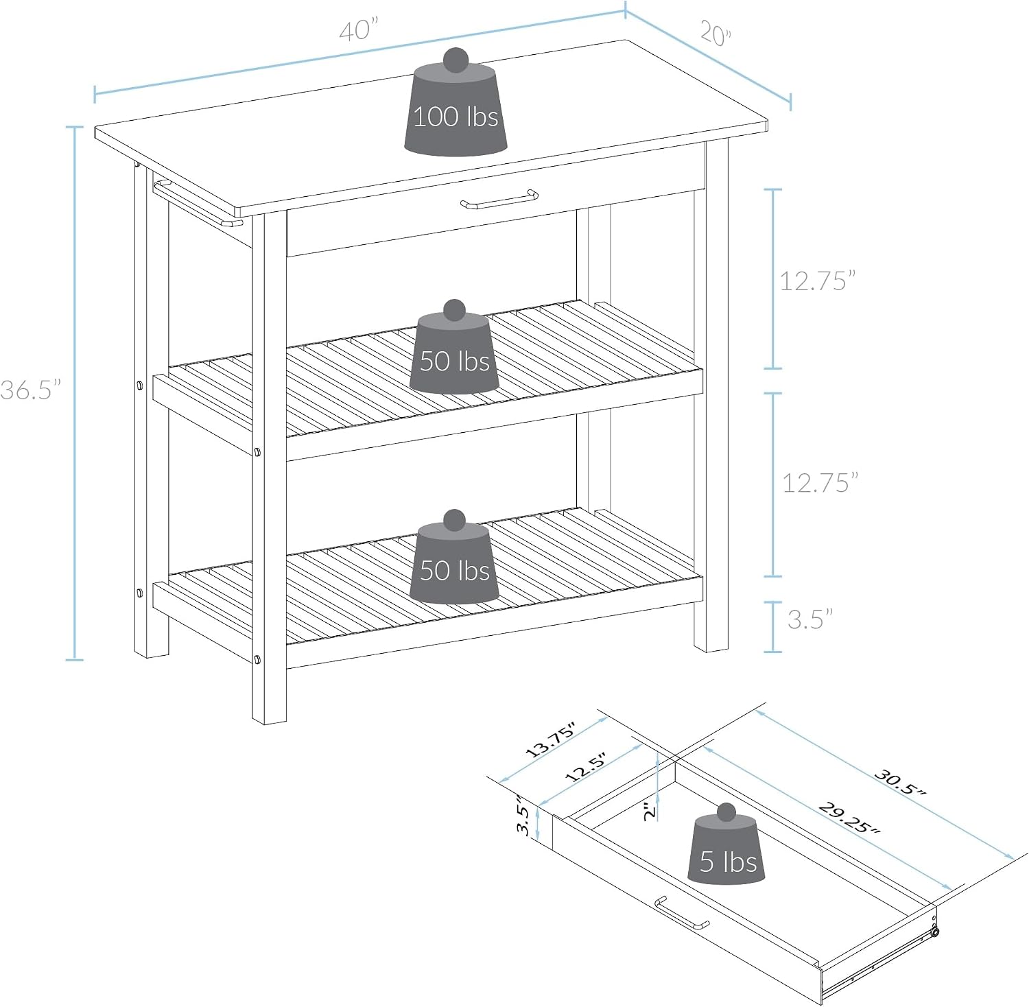 Casual Home Kitchen Island with Solid American Hardwood Top, Slate Gray, 40' W (373-932)