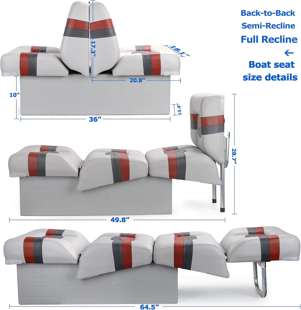 Back to Back Boat Seat, NORTHCAPTAIN 3-in-1 Convertible Lounge Chair Folding L-Shape Deck Seat with Marine-Grade Vinyl for Fishing Boat Bass Boat Jon Boat, Light Grey/Charcoal/Wine Red