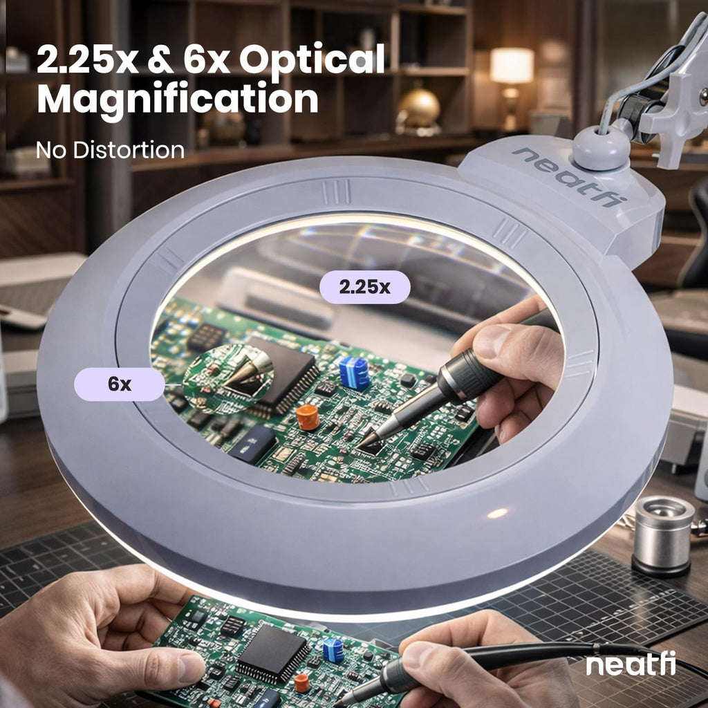 Neatfi XL LED Magnifying Lamp, Hands-Free, Dimmable, Crafts, Reading, Close Work (White, Non-CCT with Base)