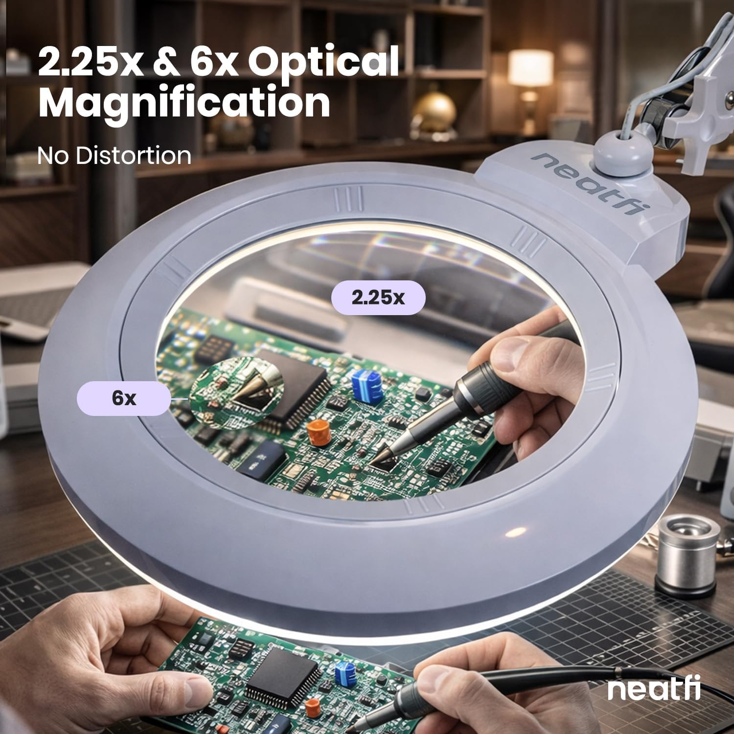 Neatfi XL LED Magnifying Lamp, Hands-Free, Dimmable, Crafts, Reading, Close Work (White, Non-CCT with Base)