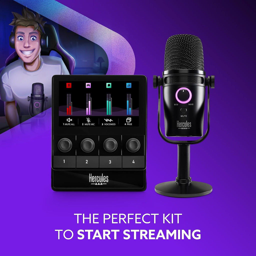 Hercules Stream Starter Kit, Includes Stream 100 and HUD-600 USB Microphone + 3 Months Voicemod Pro, Core Streaming apps pre-Integrated (OBS, Streamlabs), Compatible with PC Only