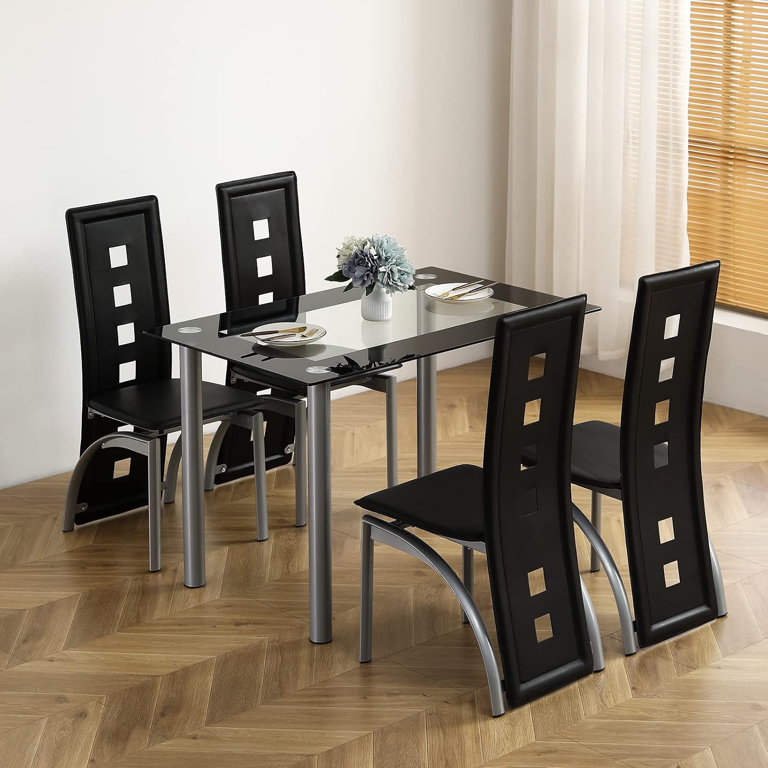 Karl home 5-Piece Dining Table Set with 1 Glass Dining Table and 4 PVC Chairs, Modern Dining Table Set for Kitchen & Breakfast Dining Living Room, Space Saving