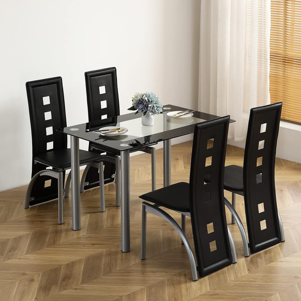 Karl home 5-Piece Dining Table Set with 1 Glass Dining Table and 4 PVC Chairs, Modern Dining Table Set for Kitchen & Breakfast Dining Living Room, Space Saving, Black