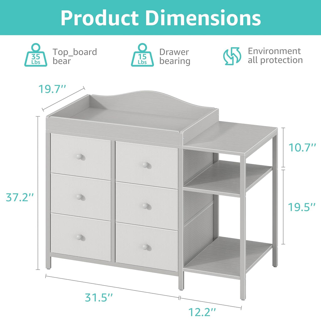 BOLUO Baby Dresser with Changing Table Top, Gray Changing Table Dresser with 6 Fabric Drawers Diaper Changing Station with Storage Shelf for Nursery Modern