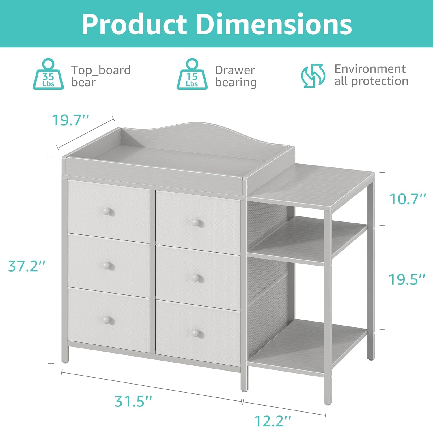 BOLUO Baby Dresser with Changing Table Top, Gray Changing Table Dresser with 6 Fabric Drawers Diaper Changing Station with Storage Shelf for Nursery Modern