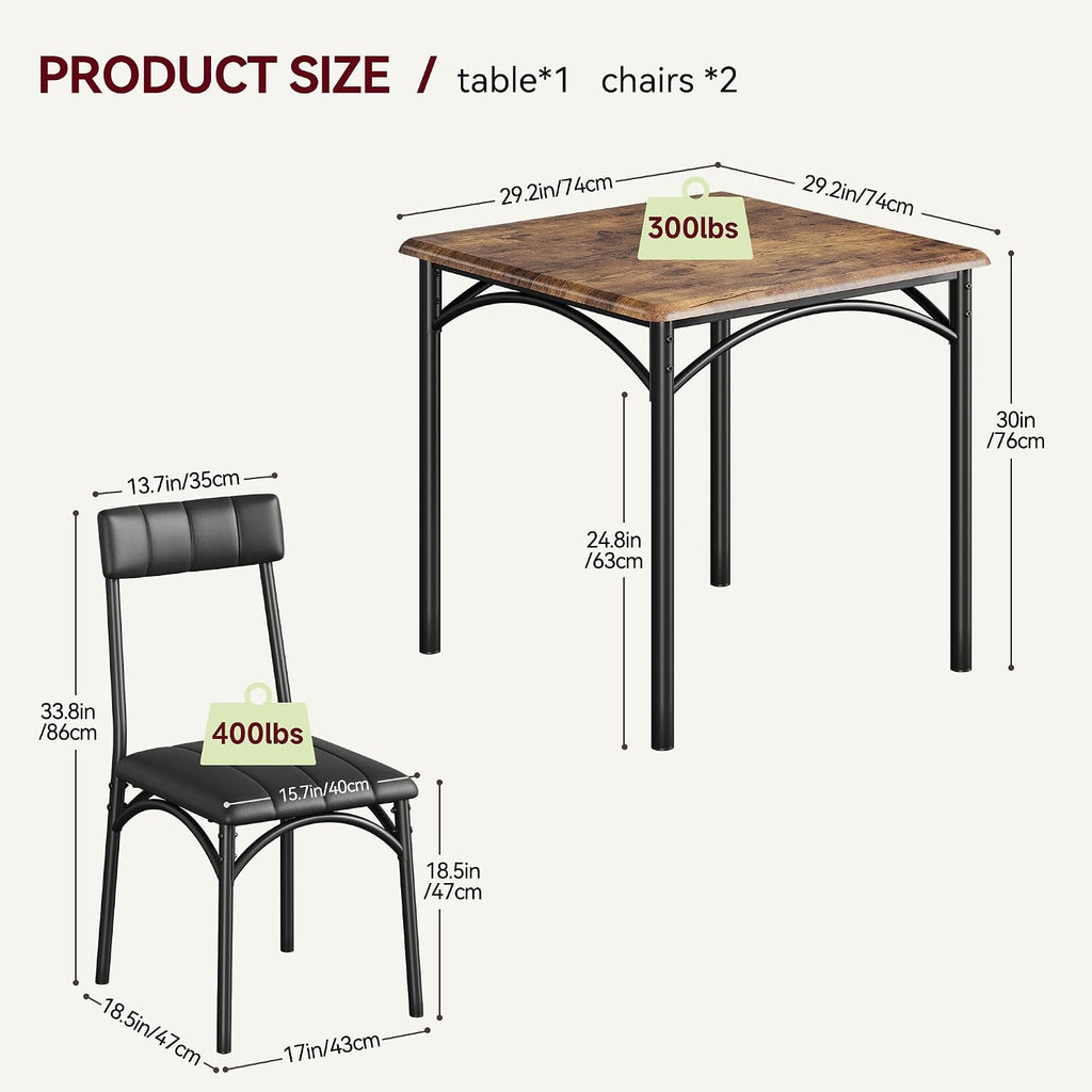 3-Piece Dining Table Set for 2, Kitchen Table Set with 2 Upholstered Chairs, Square Dining Table Set for Apartment, Studio, Small Space, Brown
