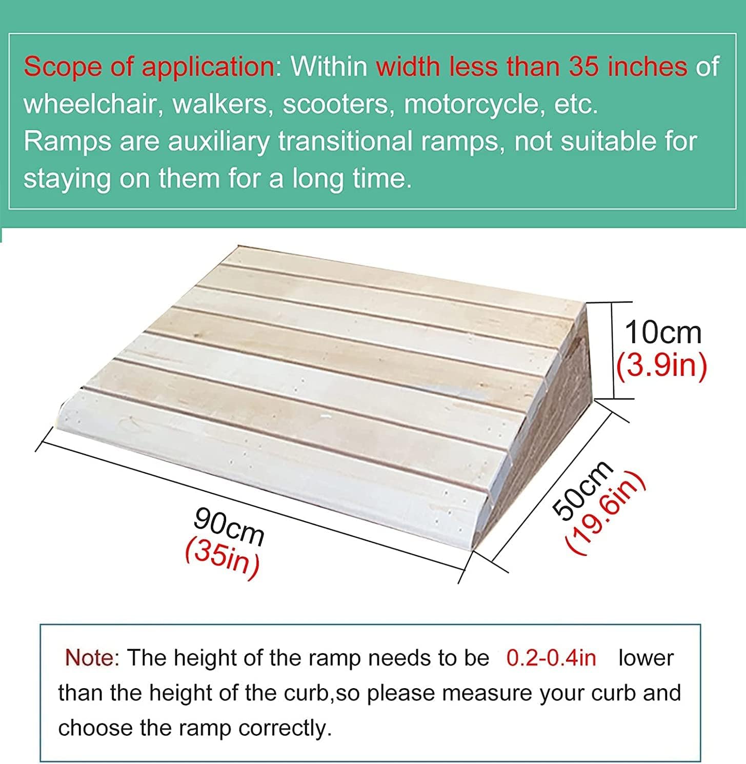 Entry Ramps for Wheelchairs for Home Stairs Garden Deck, Wooden Doorways Threshold Ramps, 10/12/14/15/16/18/20cm High, Scooters Bikes Cars(35x19.6x3.9in)