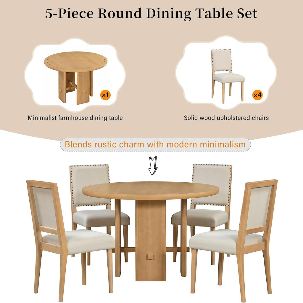 Merax 5-Piece Round Dining Table Set for 4, Minimalist Farmhouse Dining Table with 4 Upholstered Chairs, Kitchen & Dining Room Sets, Beige+Natural