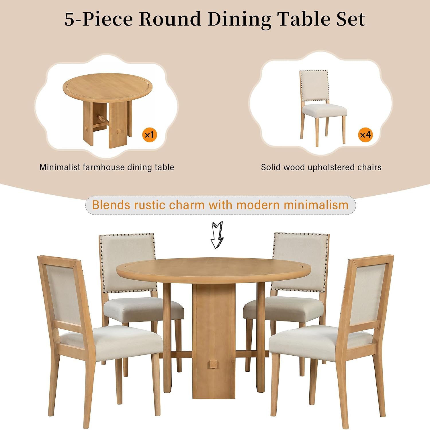 Merax 5-Piece Round Dining Table Set for 4, Minimalist Farmhouse Dining Table with 4 Upholstered Chairs, Kitchen & Dining Room Sets, Beige+Natural